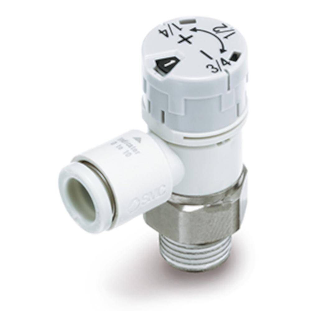 SMC Drosselrückschlagventil AS2201FSG-01-06SA - rostfreier Stahl/PBT - max. 10 bar - Schlauch-Außen-Ø 6 mm - Gewinde R 1/8" - mit Ziffernanzeige,
