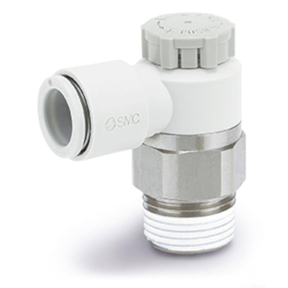 SMC Drosselrückschlagventil AS2201F-01-08SA - Messing/PBT - max. 10 bar - Schlauch-Außen-Ø 8 mm - Gewinde R 1/8" - mit PTFE-Beschichtung und Druckv