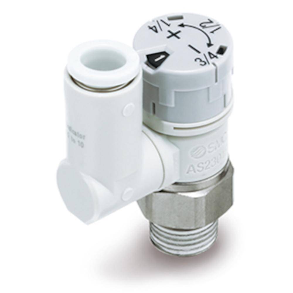 SMC Drosselrückschlagventil AS2301FS-01-08SA - Messing/PBT - max. 10 bar - Schlauch-Außen-Ø 8 mm - Gewinde R 1/8" - mit Ziffernanzeige, PTFE-Beschi