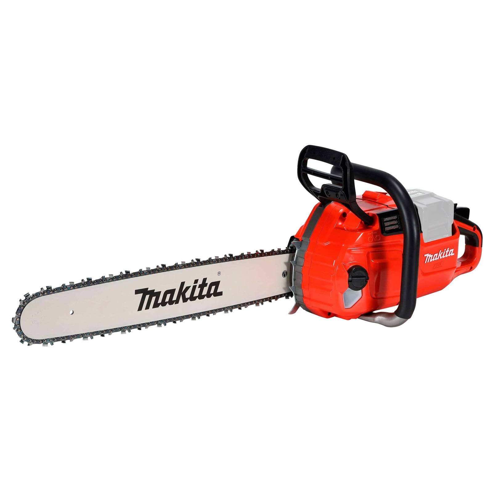 Eine rote und silberne Kettensäge mit einer langen Klinge und dem Aufdruck 'Makita' an der Seite, die zum Holzschneiden entwickelt wurde.