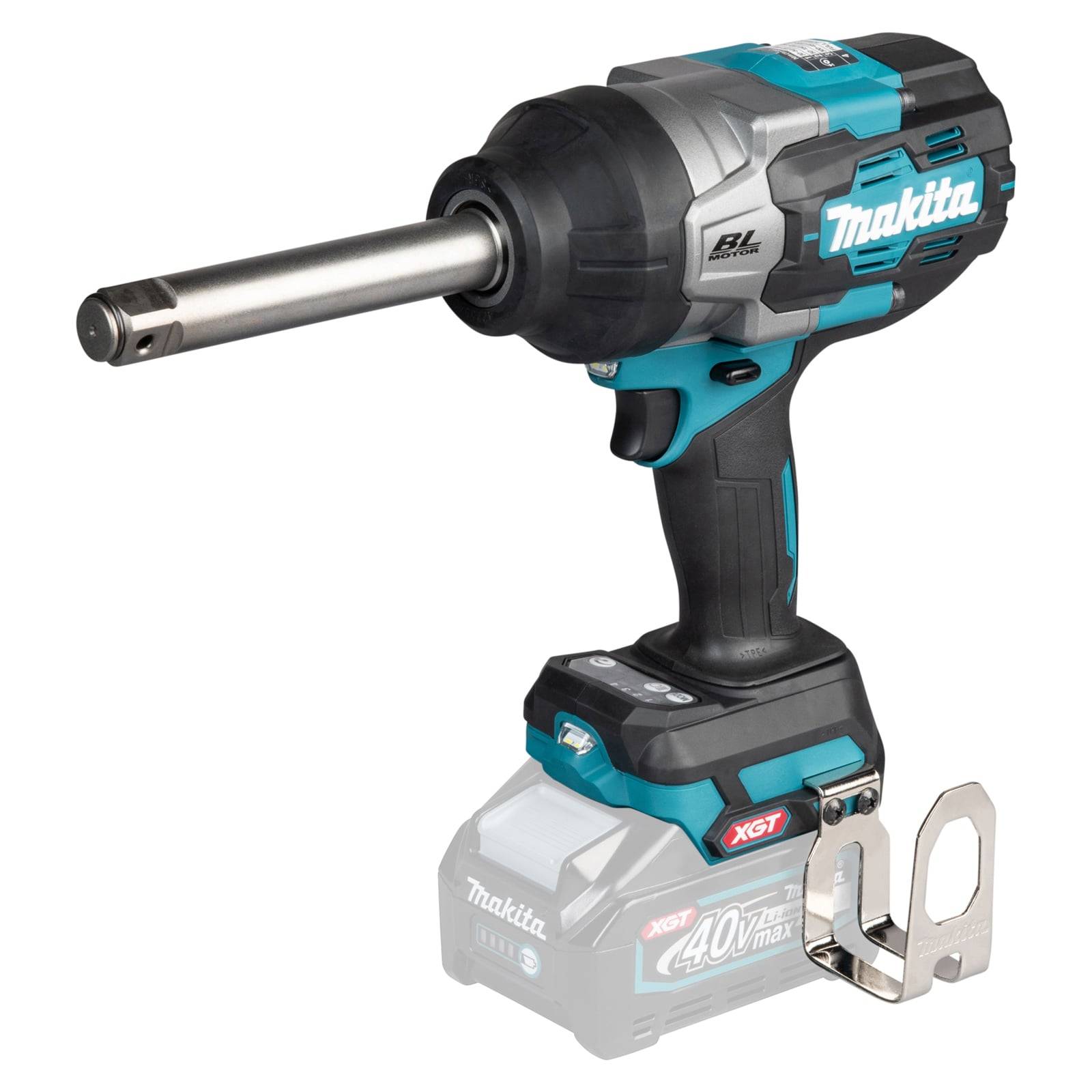 Ein blauer und schwarzer Makita 40V akku-Schlagschrauber mit langer Metallschaft und Aufhängehaken, geeignet für schwere Befestigungsarbeiten.