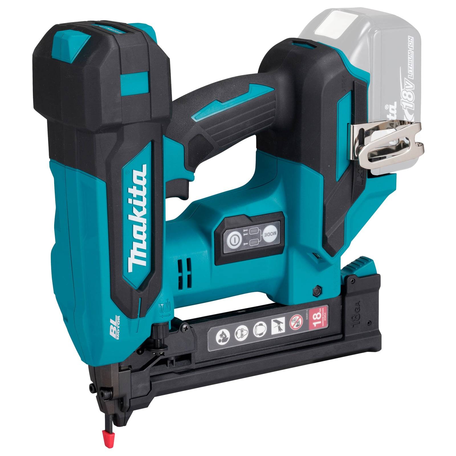 Makita Akku-Nagler in Petrolblau, Modell XTP03Z, mit kompaktem Design, Doppelauslöser und Akkufach, in einer Produktpräsentation dargestellt.