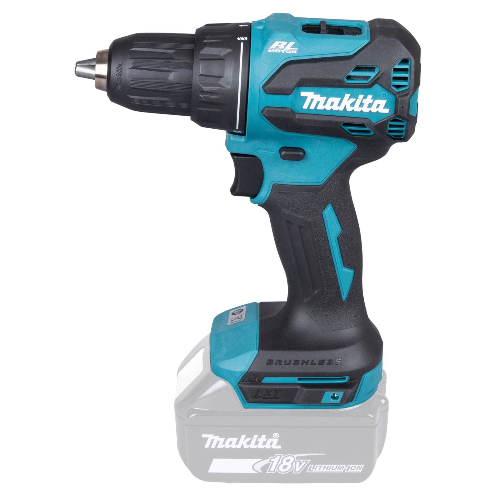 Eine blaue und schwarze Makita Akku-Bohrmaschine mit einem 18V-Akku, von der Seite gezeigt. Die Bohrmaschine ist mit 'Brushless' und 'BL Motor' beschriftet.