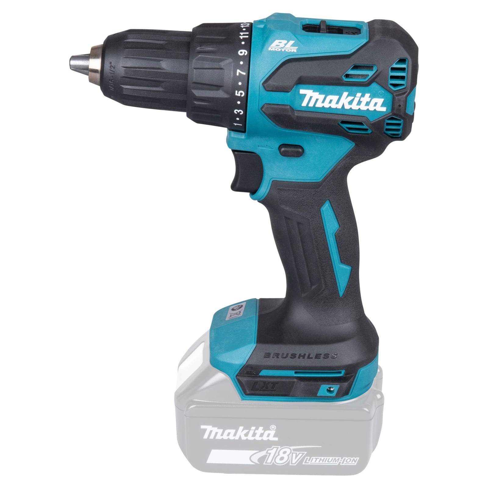 Makita Akku-Bohrschrauber mit bürstenlosem Motor, 18V-Akku und einstellbarem Drehmoment, geeignet für verschiedene Bohr- und Befestigungsaufgaben.