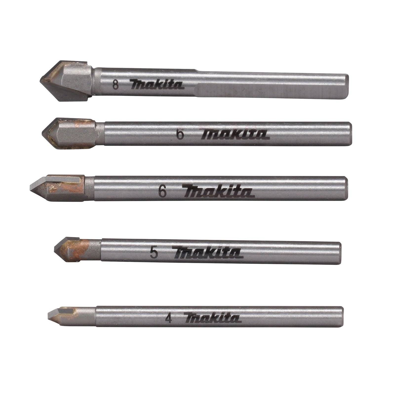 Ein Satz von fünf Makita-Bohrern in absteigender Reihenfolge von Größe 8 bis 4, horizontal angeordnet.