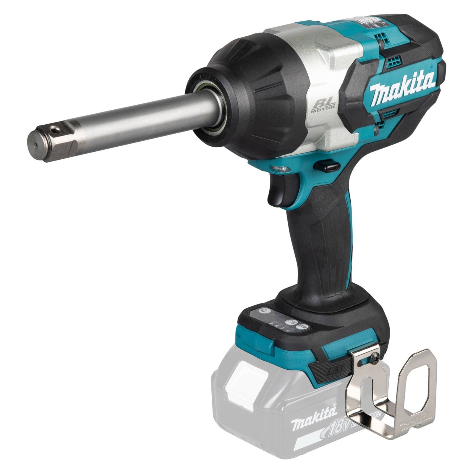 Ein kabelloser Makita Schlagschrauber mit blau-schwarzem Design, ausgestattet mit einem langen Metallsockel-Aufsatz und der Aufschrift 'LXT' an der Basis.