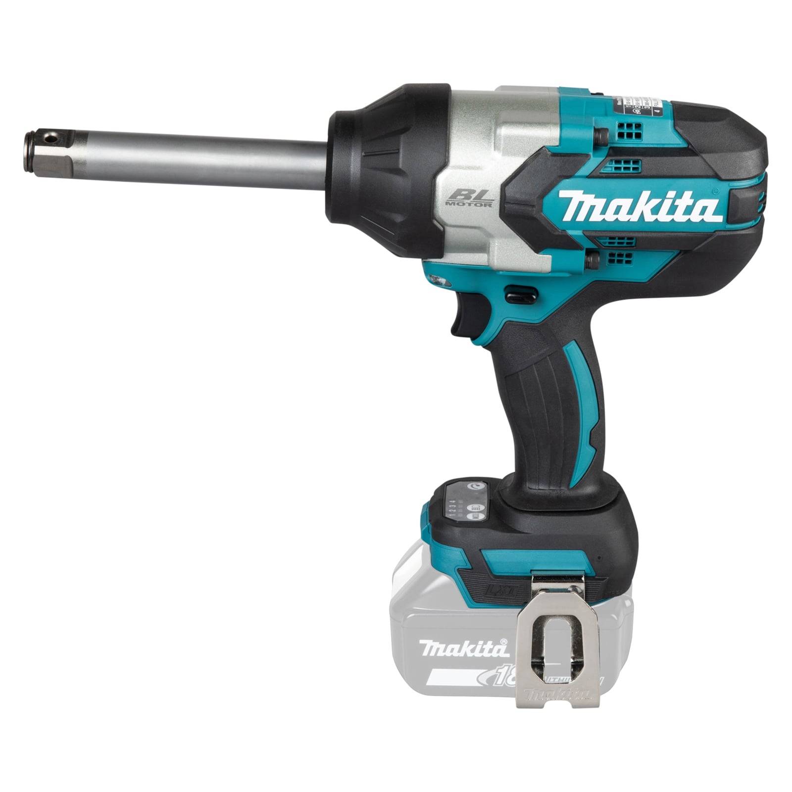 Makita Schlagschrauber mit einem Akkupack. Er hat ein blaues und schwarzes Design mit einer Metallgetriebewelle, gekennzeichnet als bürstenlos und effizient.