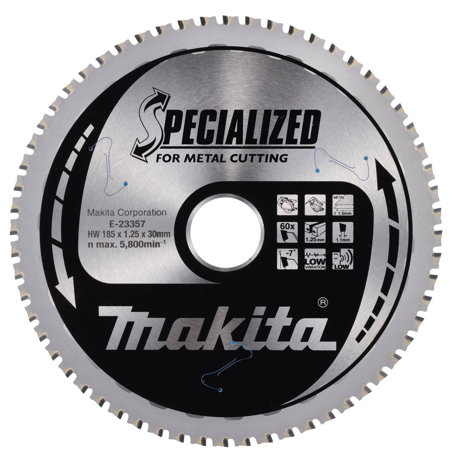 Kreissägeblatt mit 'Makita' und 'Speziell für Metallschnitte' Text, mit Spezifikationen und Symbolen für Schnittgeschwindigkeit und Materialverwendung.