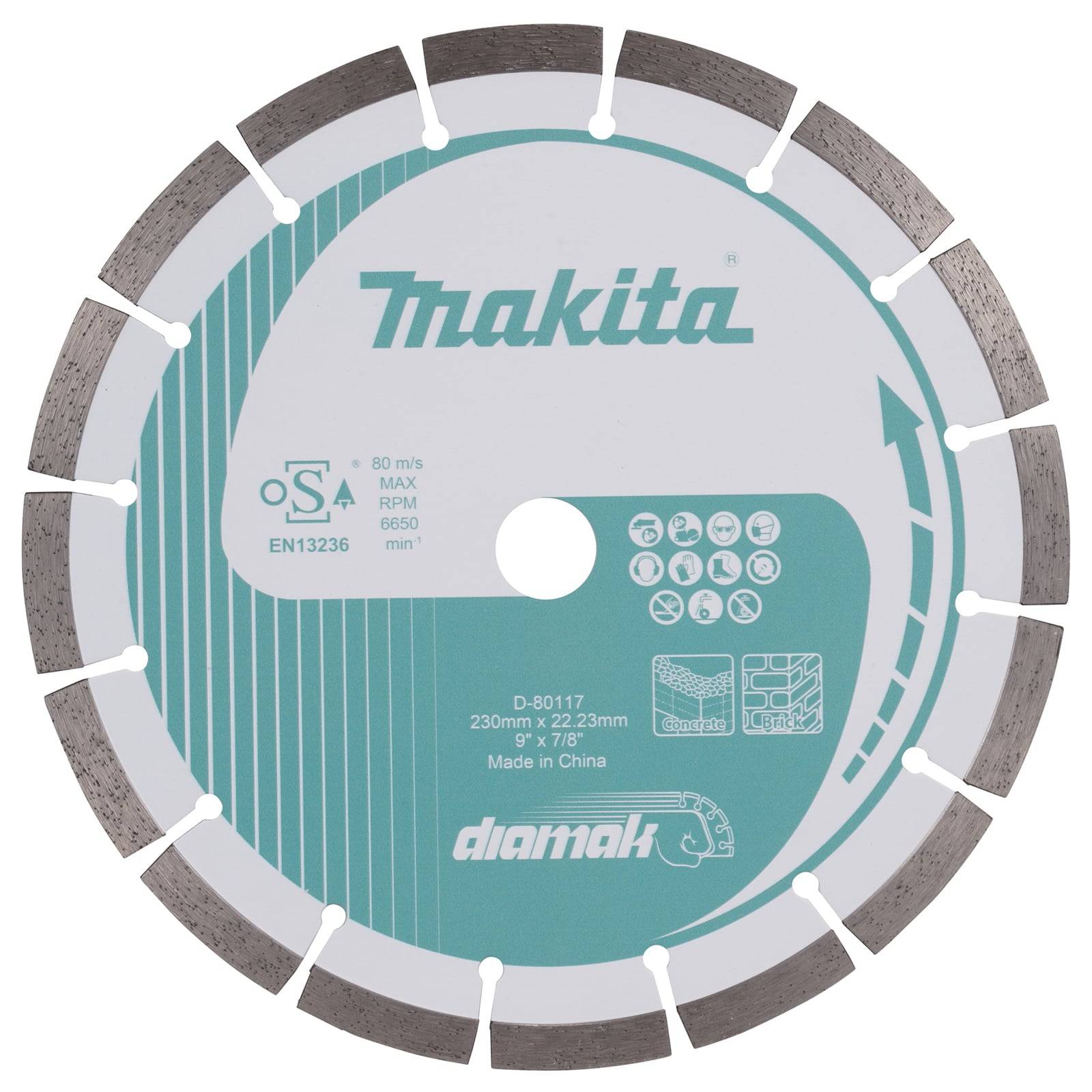 Kreissägeblatt mit 'Makita' Branding, Spezifikationen '230mm x 22,23mm, 6600 U/min', und 'Made in China' Etikett.
