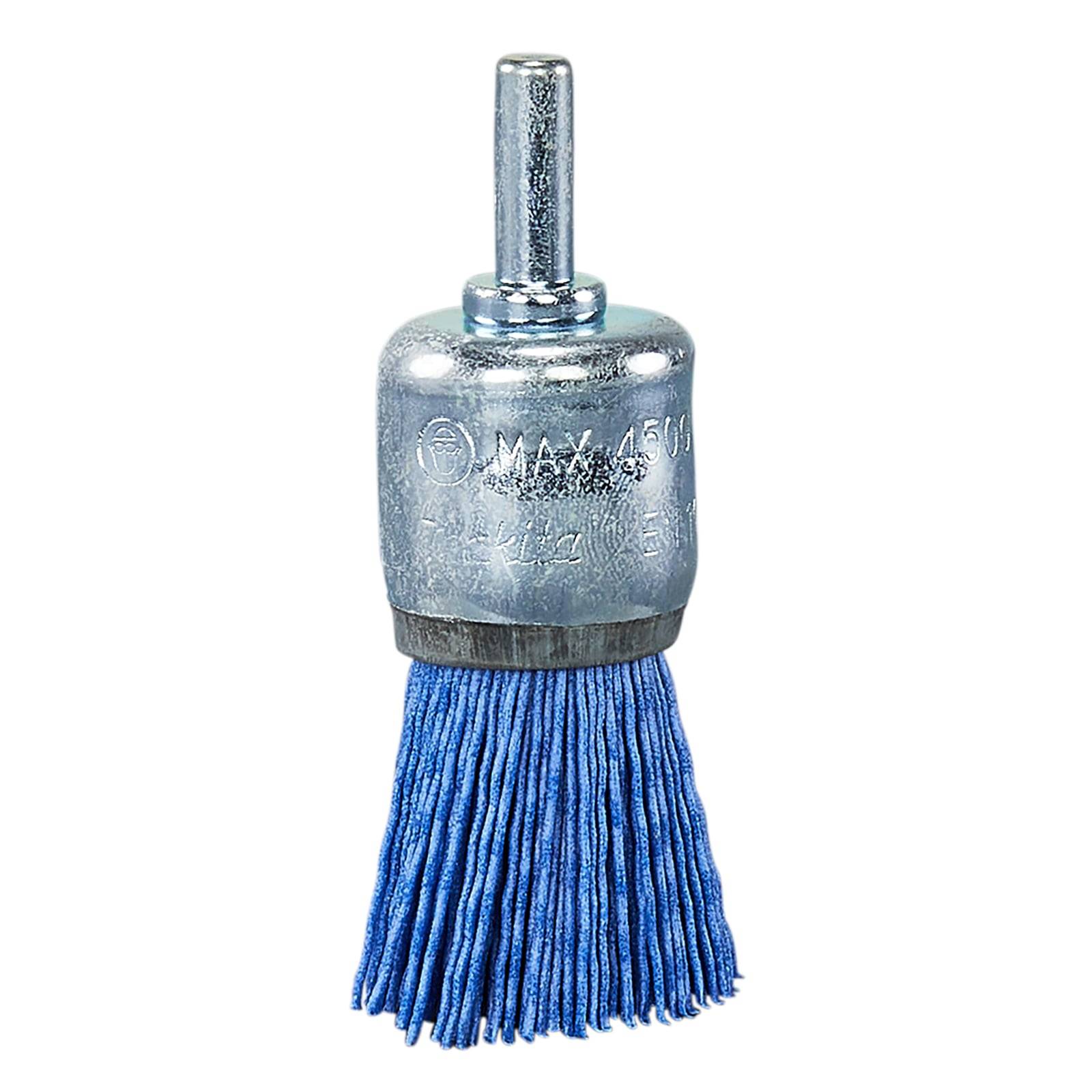 Ein rundes Metalldrahtbürste mit blauen Borsten und einem Schaft, der für den Anbau an eine Bohrmaschine konstruiert ist. Wird zur Oberflächenreinigung und Politur verwendet.