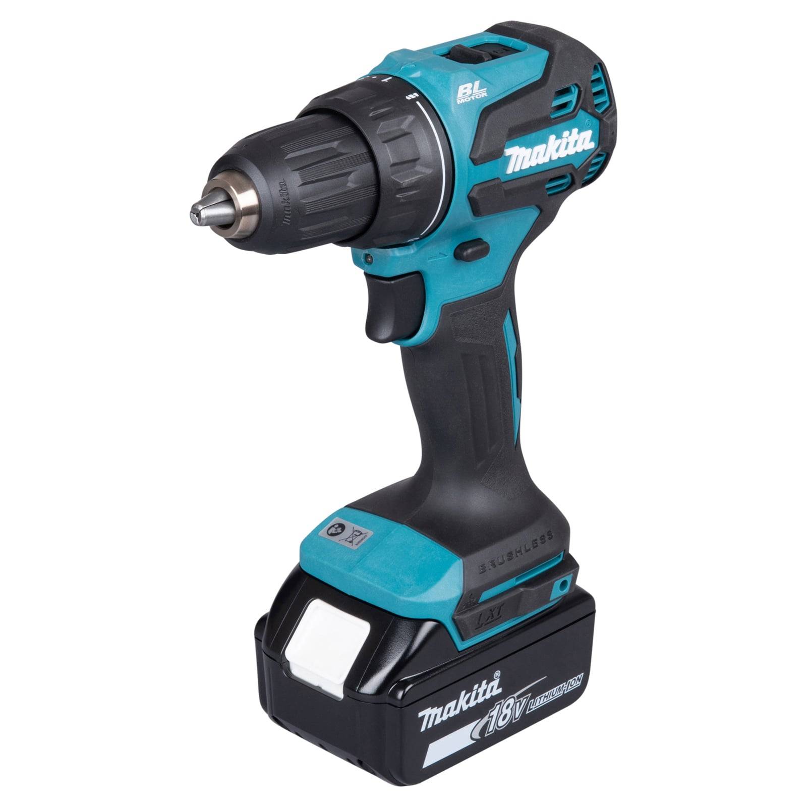 Eine petrolblaue und schwarze kabellose Akku-Bohrmaschine mit einem 18V Lithium-Ionen-Akkupack, in aufrechter Position präsentiert, mit kompaktem und ergonomischem Design.