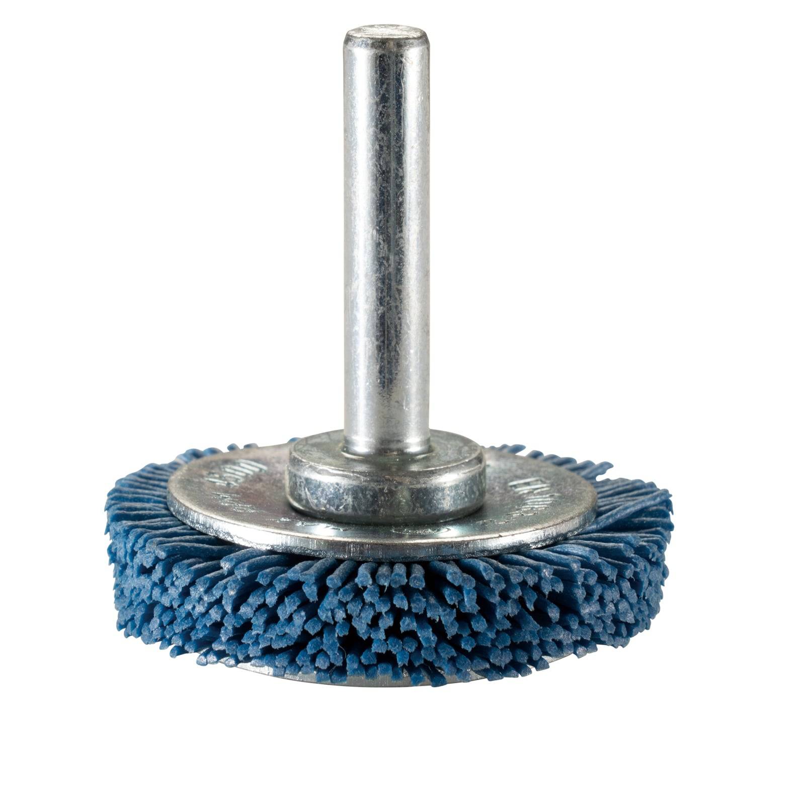 Ein blauer Schleifscheibenbürste mit einer Metallachse, die zum Glätten von Oberflächen verwendet wird.