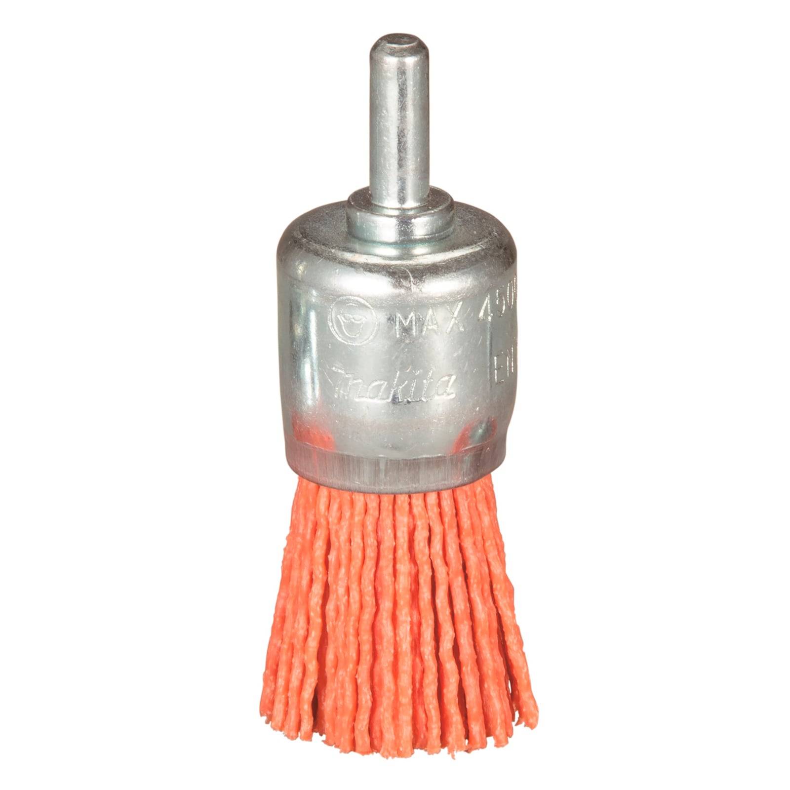 Ein Elektrowerkzeug-Zubehör mit einer orangefarbenen abrasiven Drahtscheibenbürste und einem Metallschaft für Reinigungszwecke oder Oberflächenvorbereitung.
