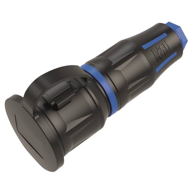 Ein schwarzer und blauer industrieller Elektrostecker mit der Aufschrift „Bach Man