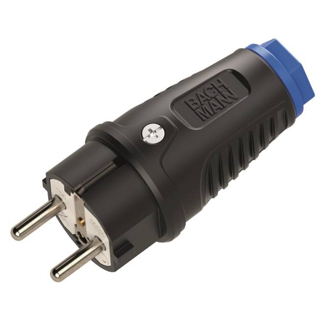 Ein schwarzer und blauer europäischer Stromanschlussadapter mit zwei runden Stiften.