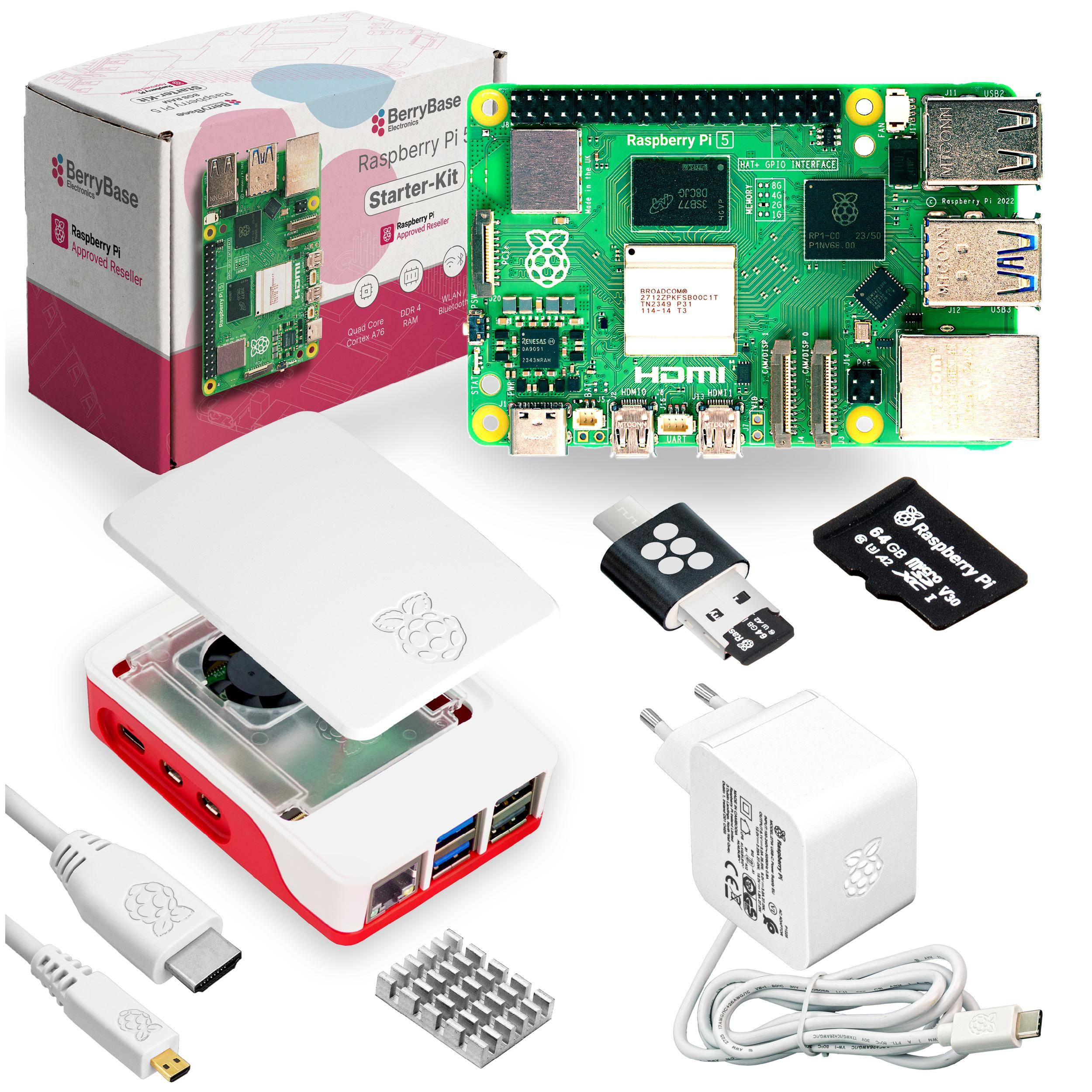 Raspberry Pi 5 Starterkit, 64GB microSDHC inkl. Pi OS, Gehäuse, Netzteil, HDMI-Kabel und Zubehör - RAM: 1GB - Farbe: weiß