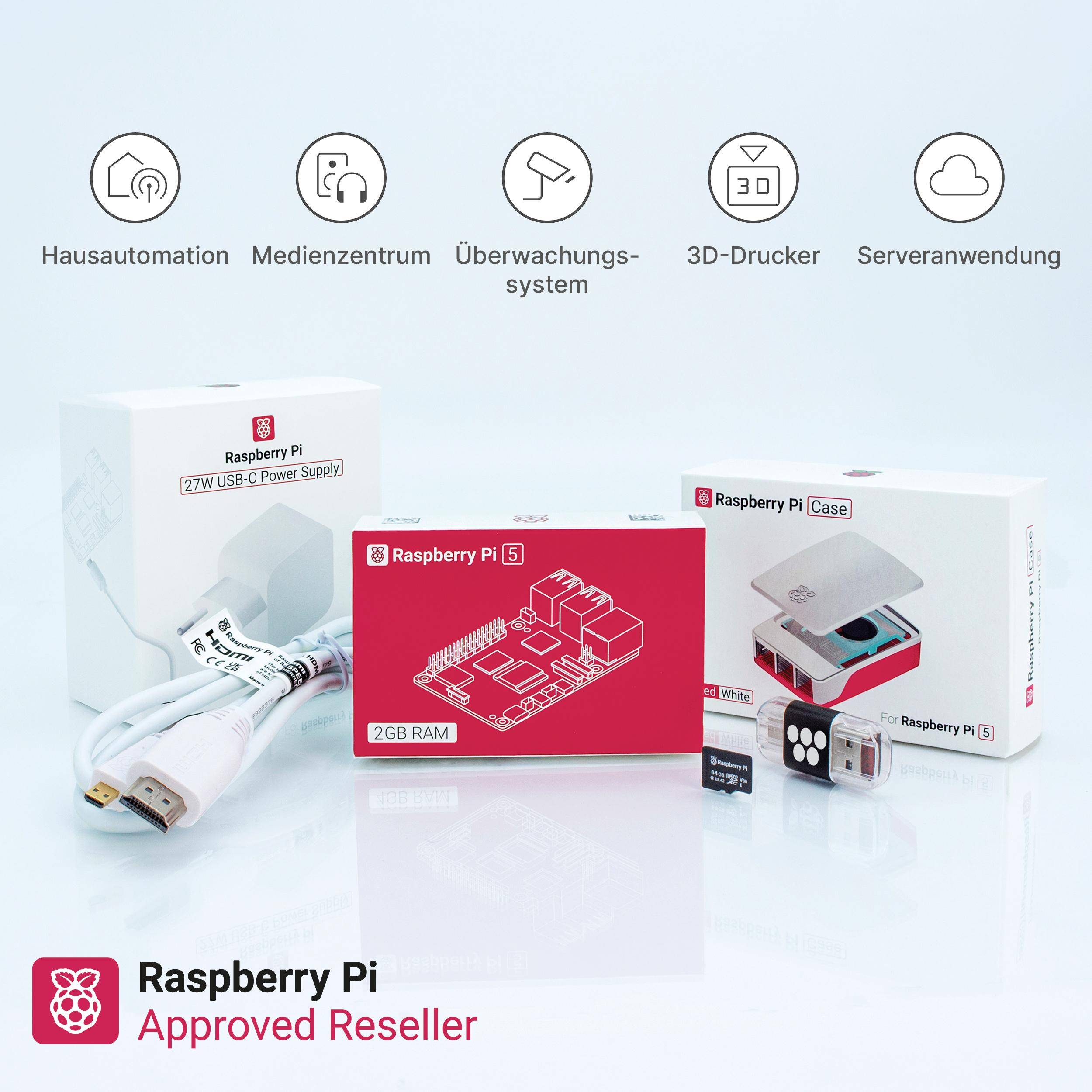 Raspberry Pi 5 Starterkit, 64GB microSDHC inkl. Pi OS, Gehäuse, Netzteil, HDMI-Kabel und Zubehör - RAM: 2GB - Farbe: weiß