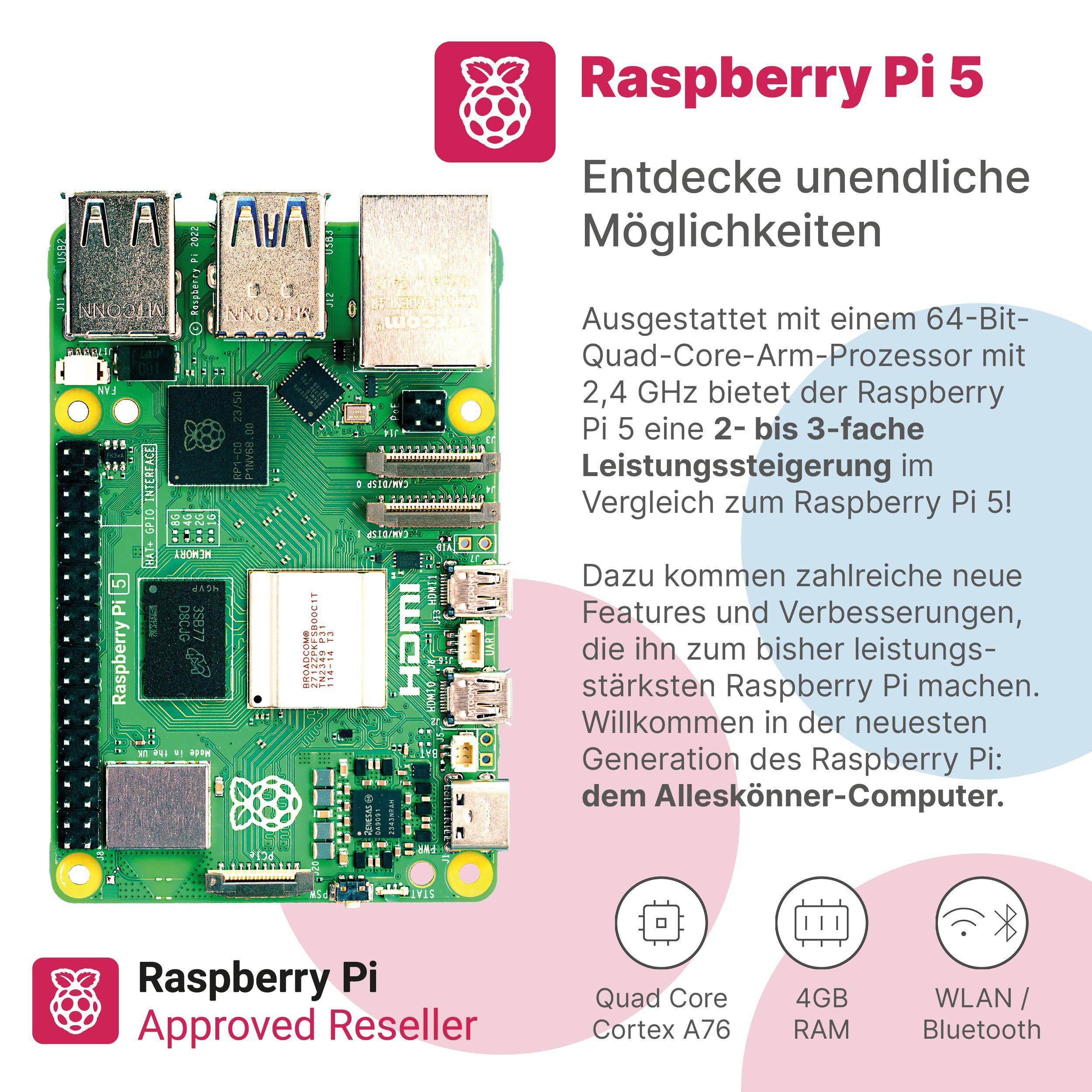 Raspberry Pi 5 Starterkit, 64GB microSDHC inkl. Pi OS, Gehäuse, Netzteil, HDMI-Kabel und Zubehör - RAM: 4GB - Farbe: weiß