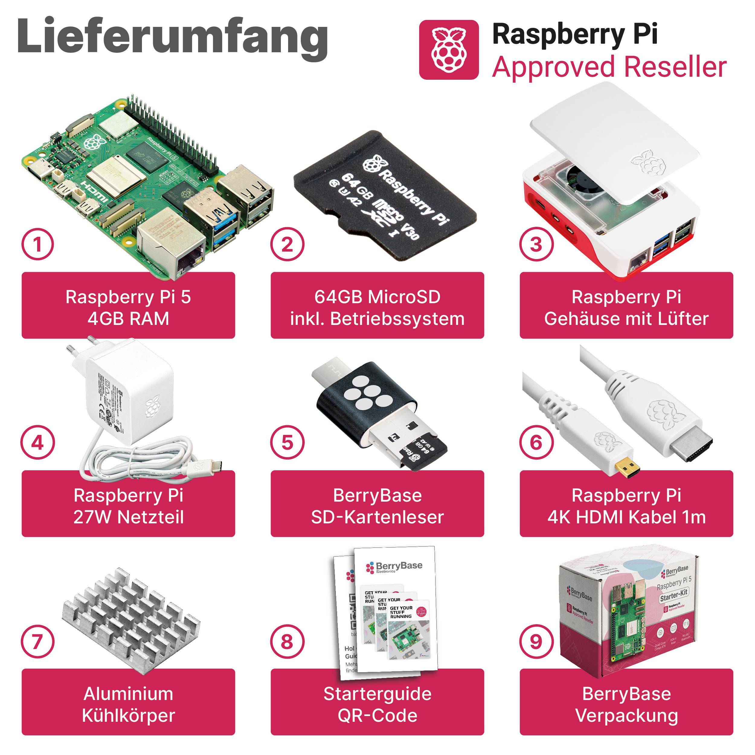 Raspberry Pi 5 Starterkit, 64GB microSDHC inkl. Pi OS, Gehäuse, Netzteil, HDMI-Kabel und Zubehör - RAM: 4GB - Farbe: weiß