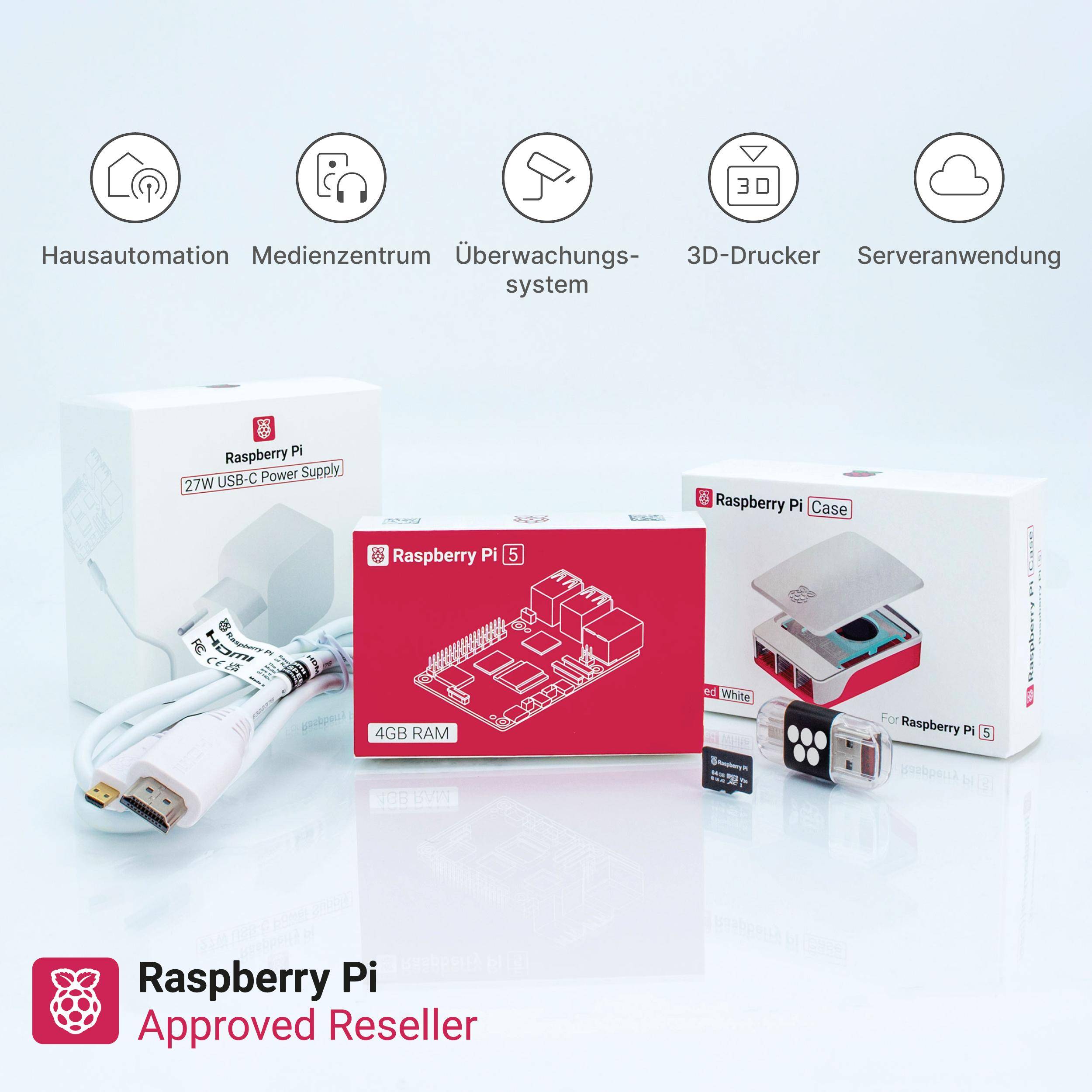 Raspberry Pi 5 Starterkit, 64GB microSDHC inkl. Pi OS, Gehäuse, Netzteil, HDMI-Kabel und Zubehör - RAM: 4GB - Farbe: weiß