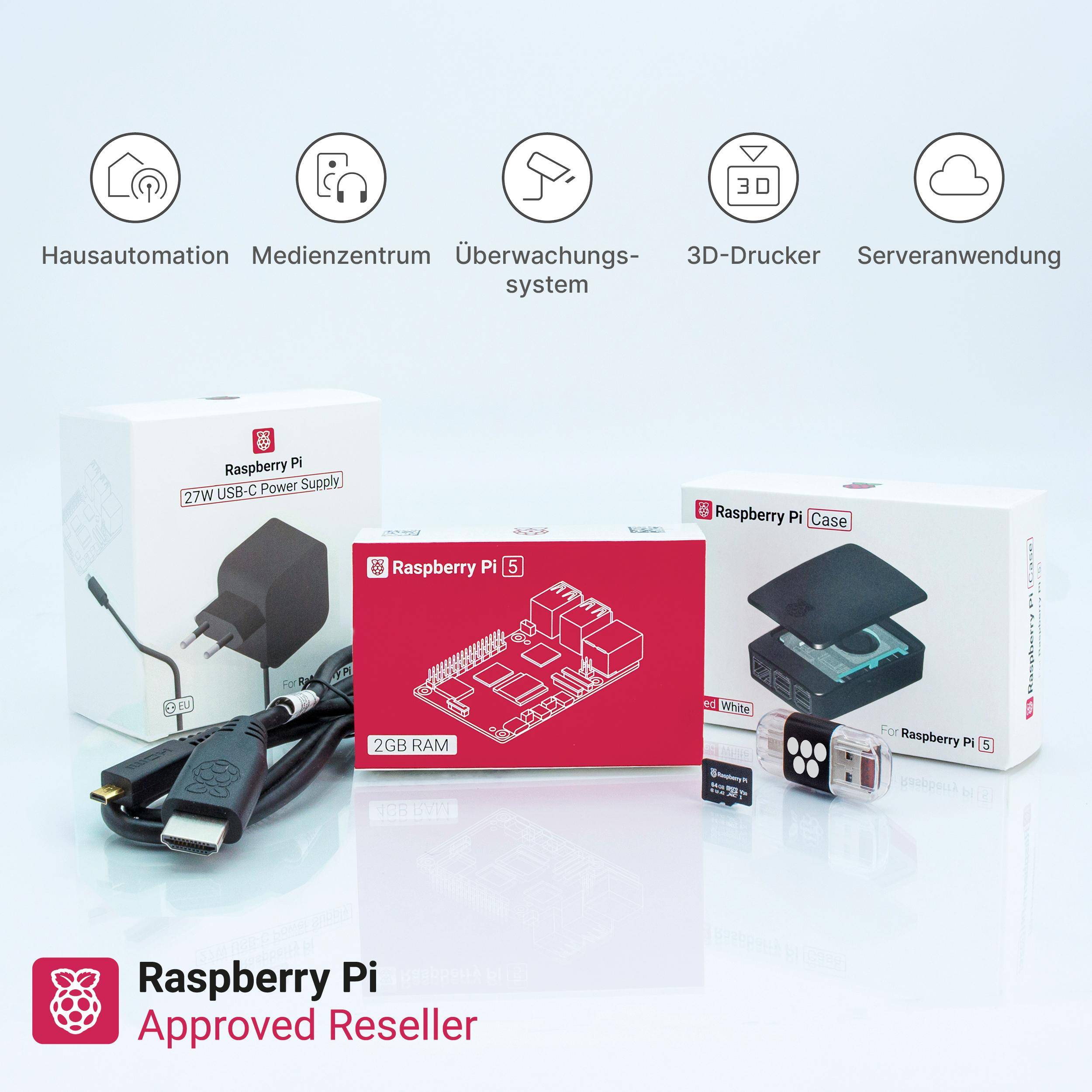 Raspberry Pi 5 Starterkit, 64GB microSDHC inkl. Pi OS, Gehäuse, Netzteil, HDMI-Kabel und Zubehör - RAM: 2GB - Farbe: schwarz