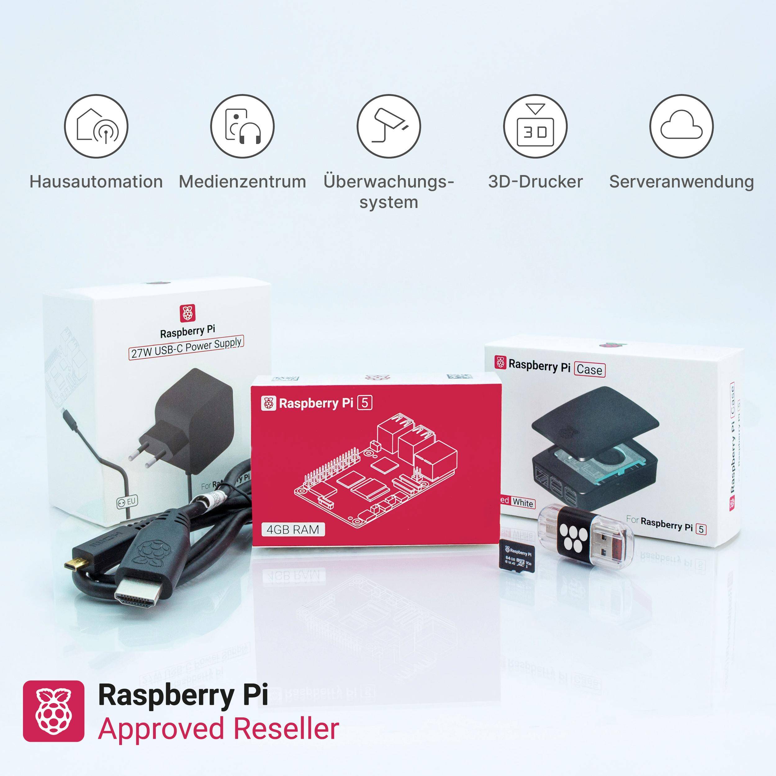 Raspberry Pi 5 Starterkit, 64GB microSDHC inkl. Pi OS, Gehäuse, Netzteil, HDMI-Kabel und Zubehör - RAM: 4GB - Farbe: schwarz