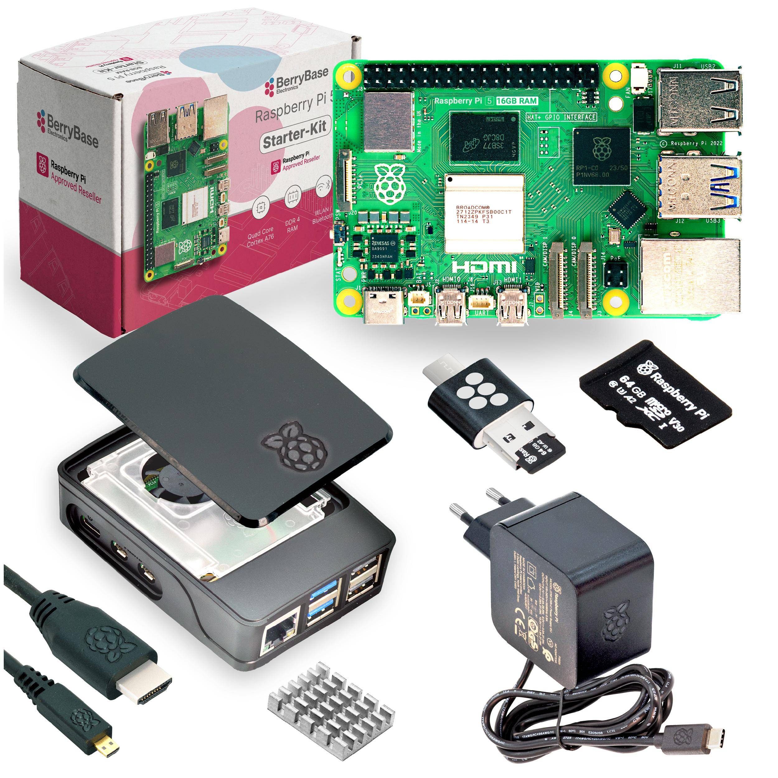 Raspberry Pi 5 Starterkit, 64GB microSDHC inkl. Pi OS, Gehäuse, Netzteil, HDMI-Kabel und Zubehör - RAM: 16GB - Farbe: schwarz
