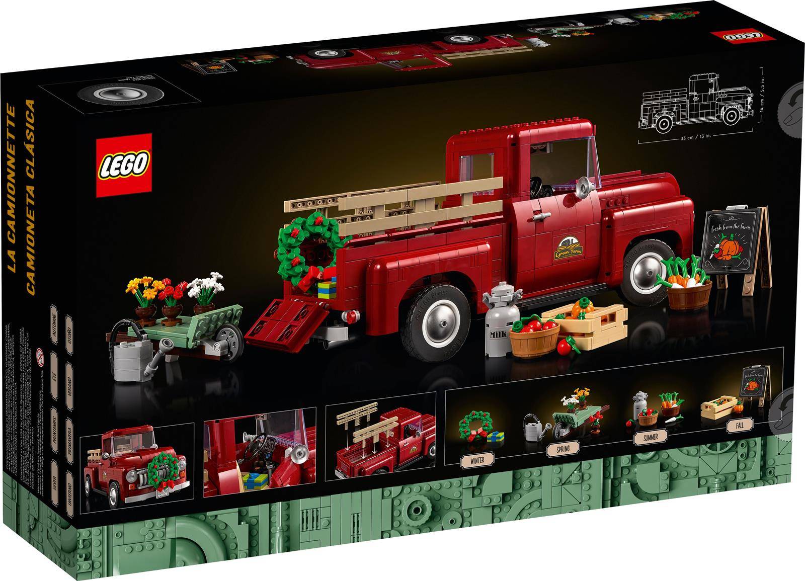 Karton für ein LEGO-Set, das einen vintage roten Pickup-Truck mit landwirtschaftlichen Produkten darstellt. Enthält Abbildungen der Fahrzeugmerkmale und Zubehör wie Pflanzen und Milch.