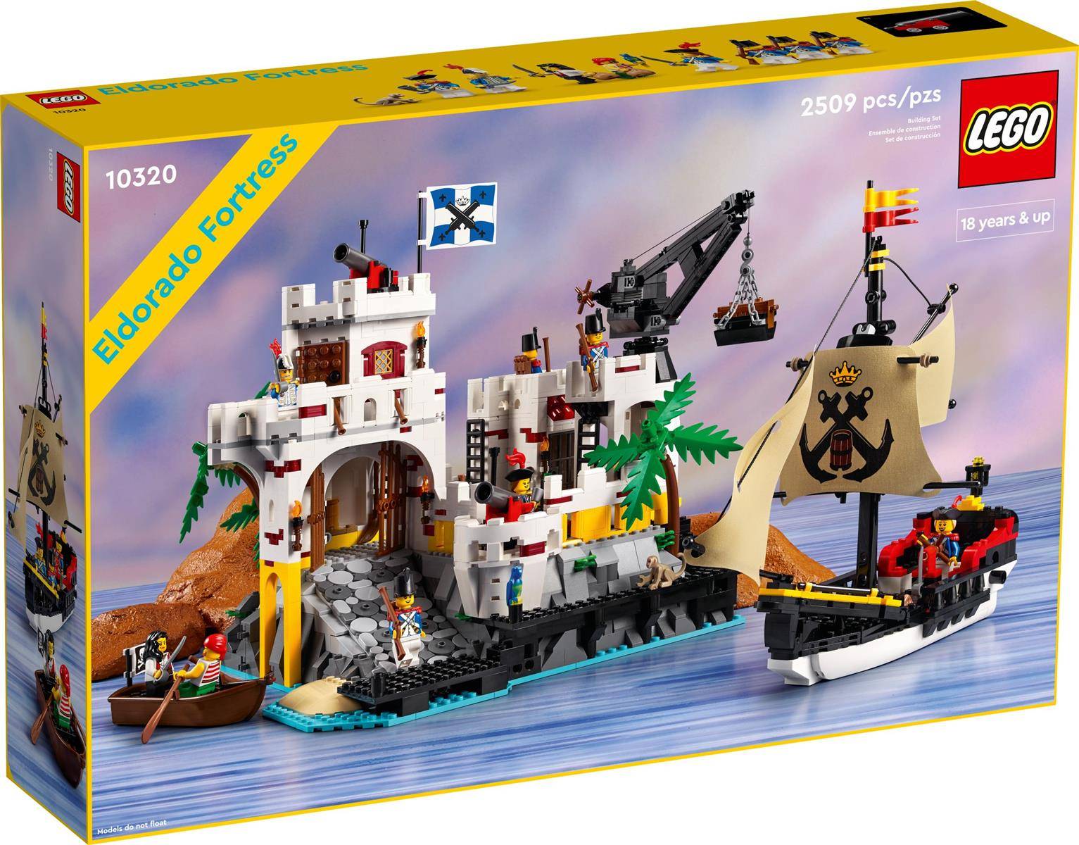 Lego 'Eldorado-Festung' Set-Box. Zeigt eine detaillierte Festung mit Piraten- und Marineministatuen, Boot, Kanone, Kran und Palmen.