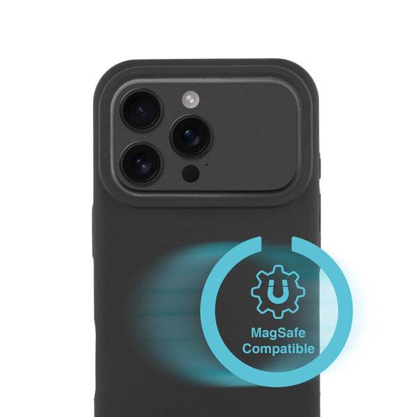 Schwarze iPhone-Hülle von hinten mit dreifachem Kameraausschnitt und einem 'MagSafe-kompatibel'-Symbol unten rechts.