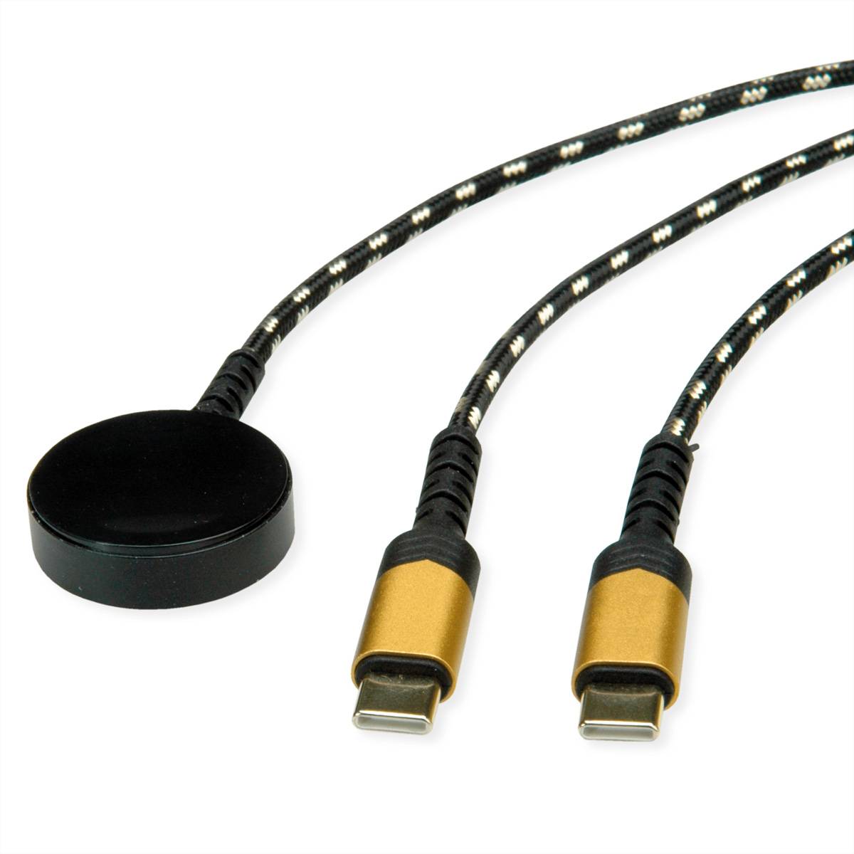ROLINE USB Split-Ladekabel, bis 60W + Ladepad (bis 15W), für Apple-Geräte, Typ C - C, schwarz / gold, 1,2 m