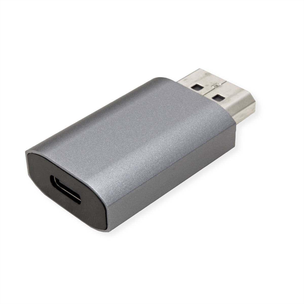 Ein USB-C-zu-USB-A-Metalladapter auf weißem Hintergrund, der sein kompaktes Design und die beiden Anschlussenden zum Verbinden von USB-C-Geräten mit USB-A-Anschlüssen zeigt.