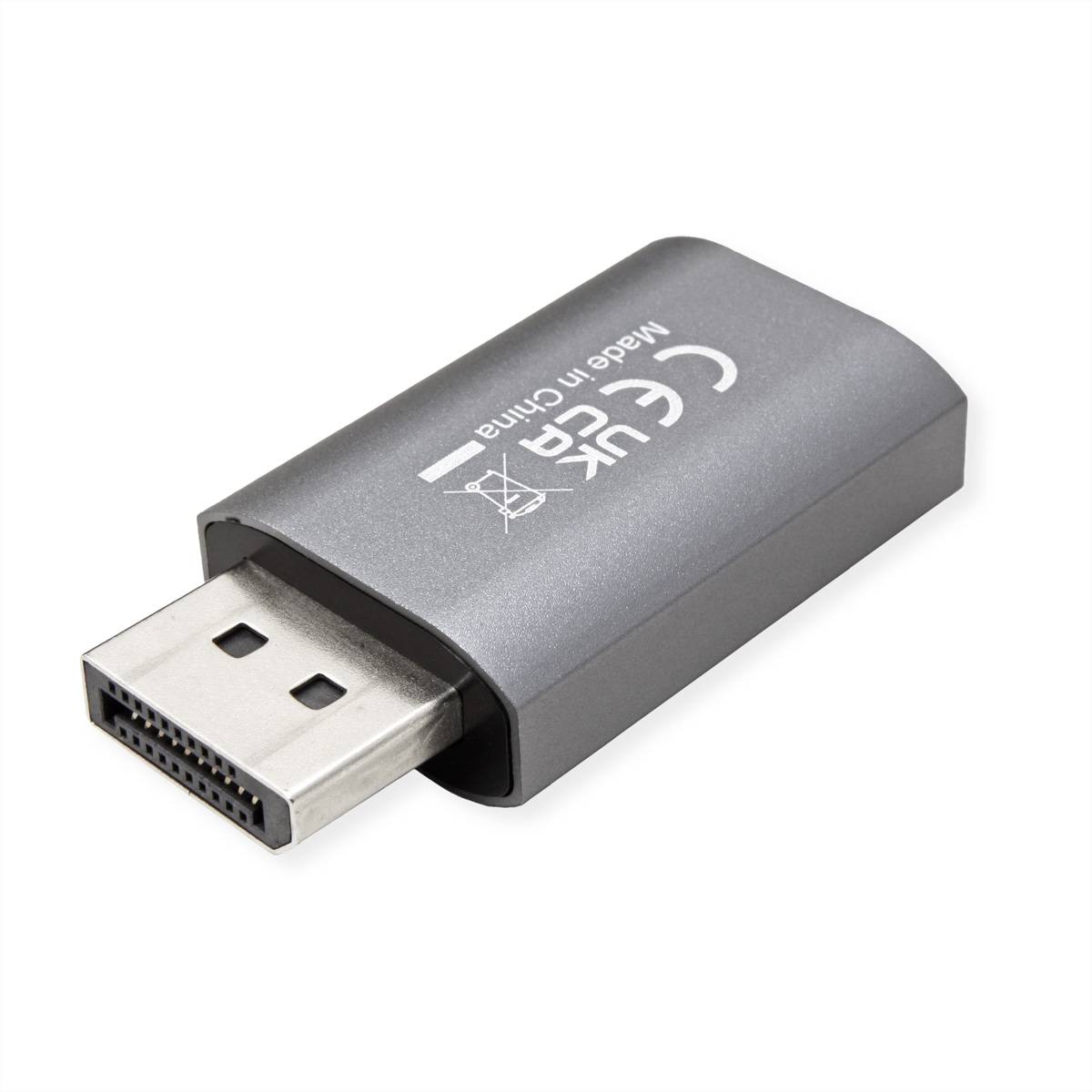 Ein grauer HDMI-auf-VGA-Adapter auf weißem Hintergrund, mit der Bezeichnung „UK
