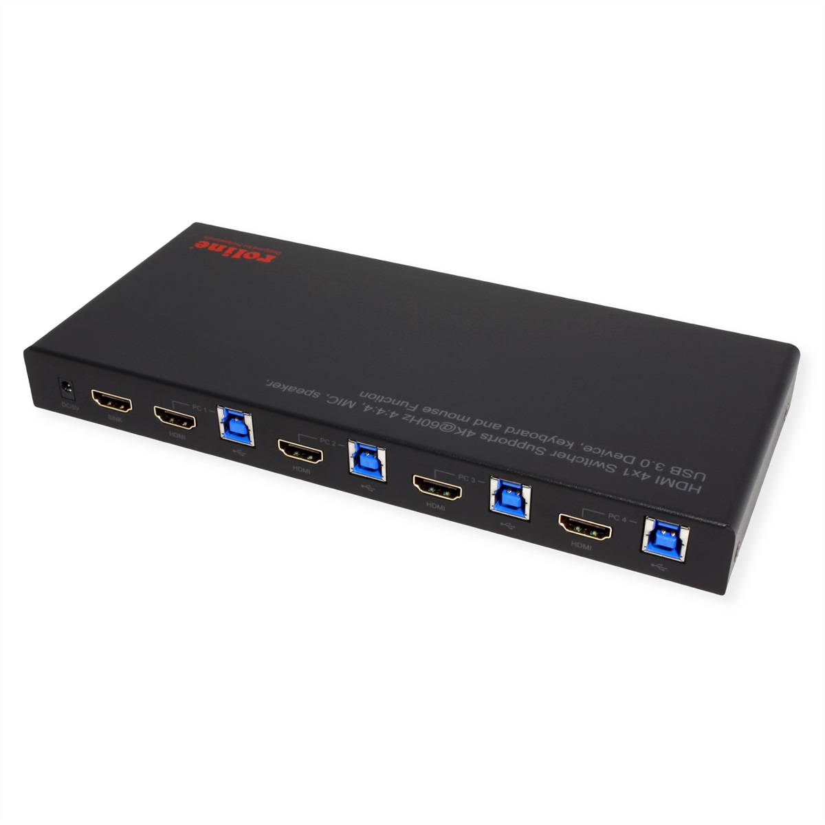 Ein schwarzer HDMI- und USB-Hub mit vier HDMI-Anschlüssen, zwei USB-3.0-Anschlüssen und einem USB-3.0-Eingang. Rotes „foilase