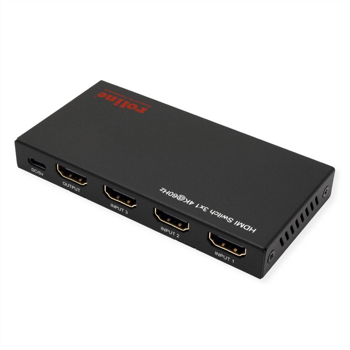 Schwarzer HDMI-Schalter mit vier Eingangsanschlüssen und einem Ausgangsanschluss mit der Bezeichnung „HDMI Switch 4x1 4K 60Hz