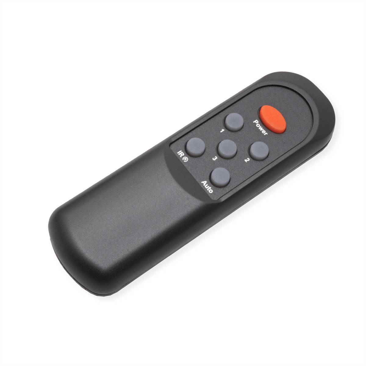 Eine schwarze Fernbedienung mit Tasten, die mit „Power