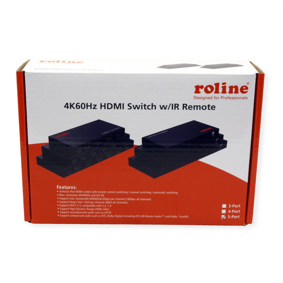 Roline 4K60Hz HDMI-Schalter mit IR-Fernbedienung, wie auf der Verpackung gezeigt. Zu den Funktionen gehören automatisches Umschalten, manuelles Umschalten und Kompatibilitätsoptionen.