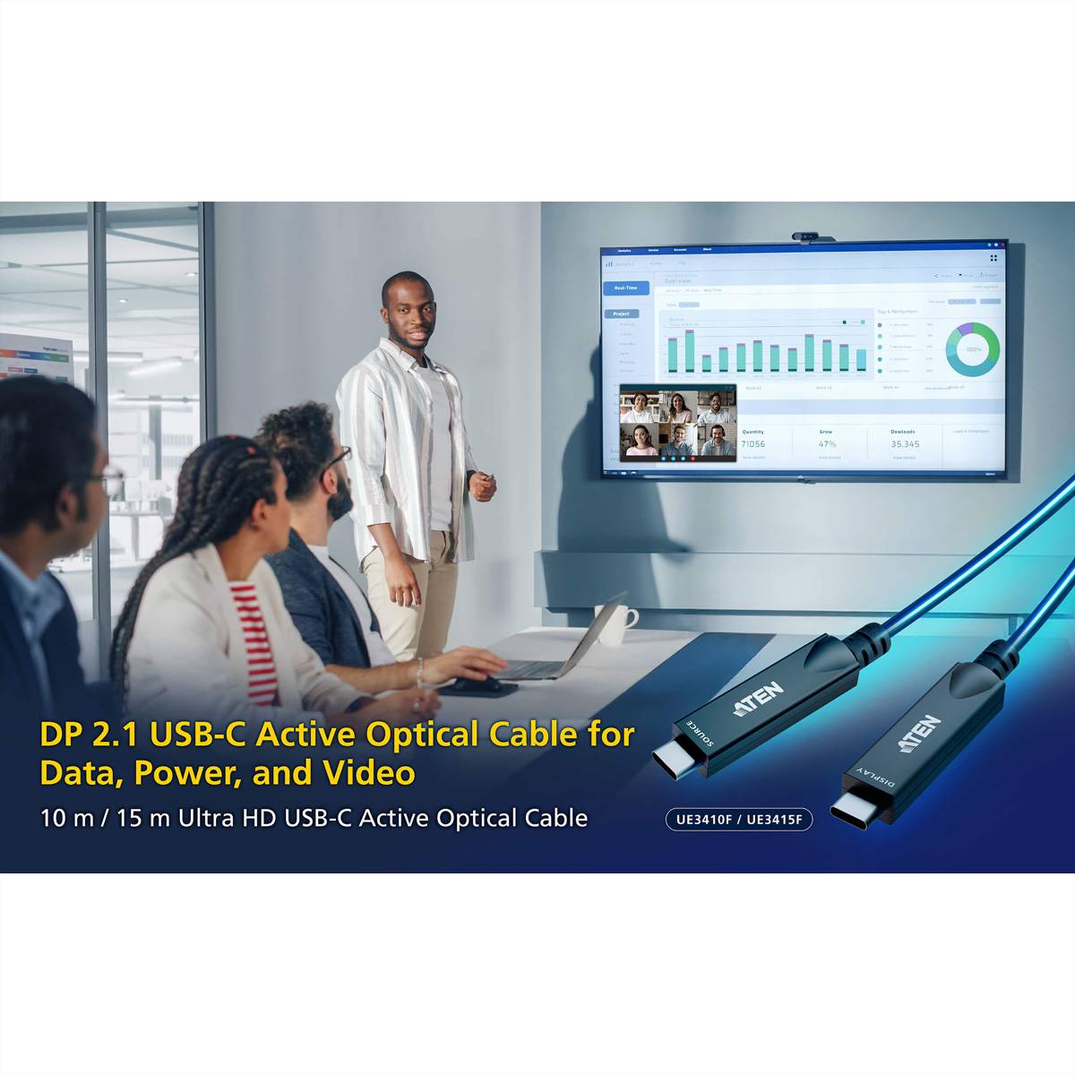 ATEN UE3410F aktives optisches Ultra HD-Kabel mit USB-C, schwarz, 10 m