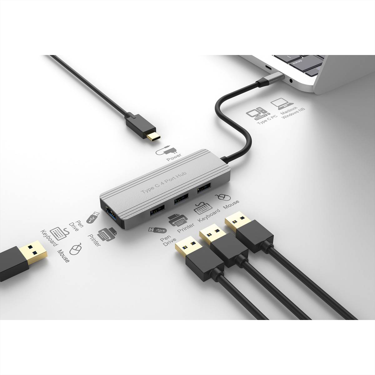 VALUE USB 3.2 Gen 1 Hub, 4fach, USB-C Anschlusskabel