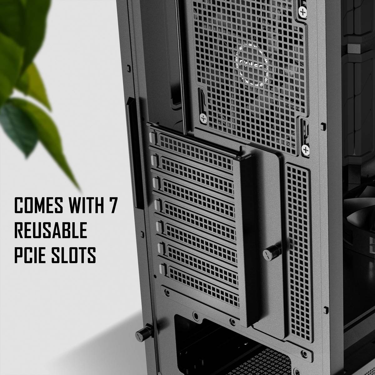 Das Bild zeigt ein Computergehäuse mit dem Text „Kommt mit 7 wiederverwendbaren PCIe-Steckplätzen