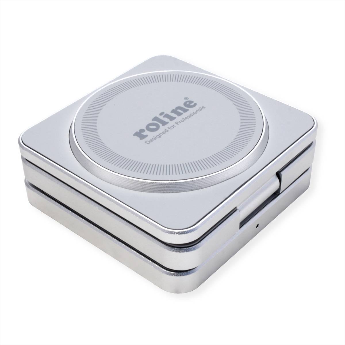 Eine kompakte Powerbank in Silber mit der Marke „roline