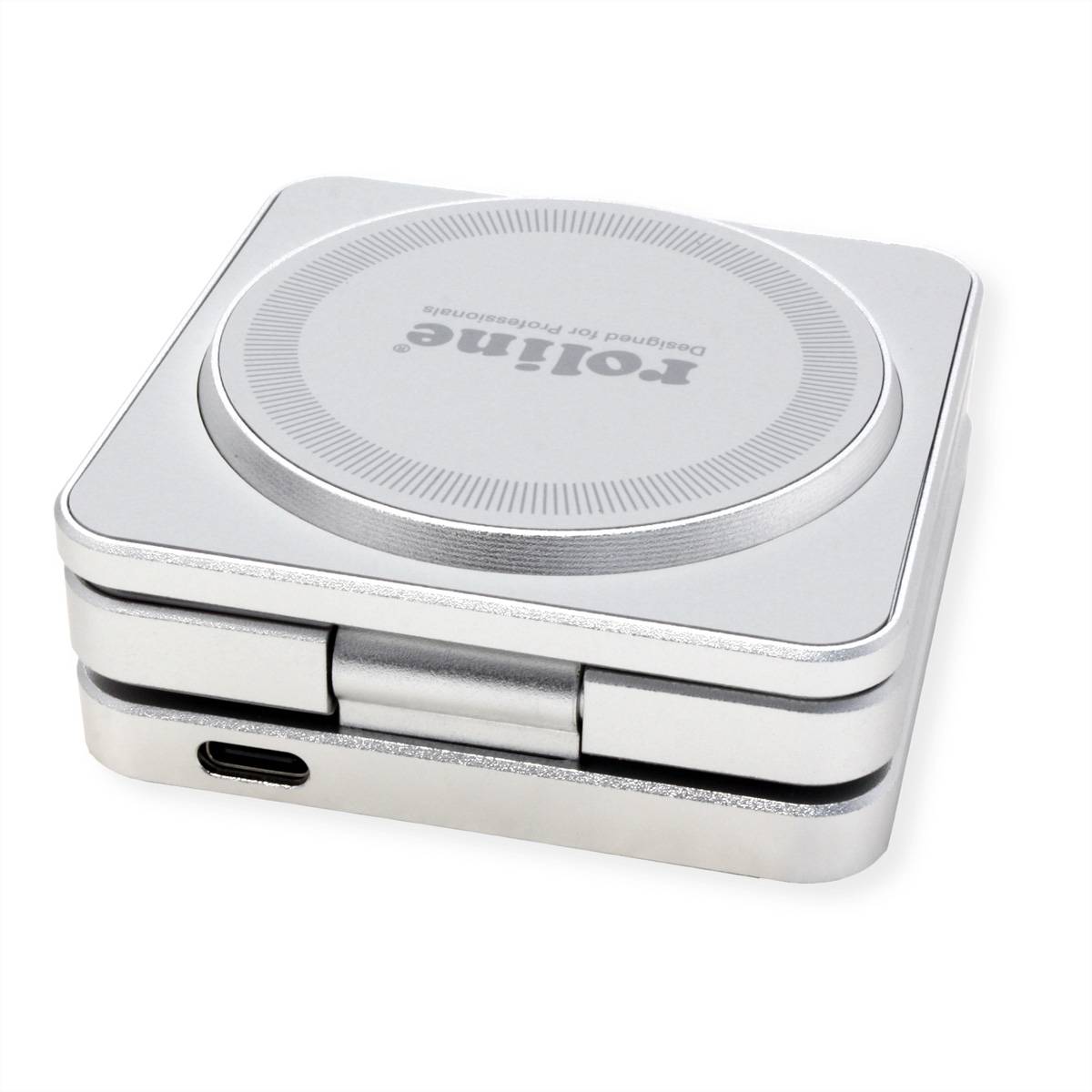 Ein kompakter, silberner kabelloser Ladeadapter mit 