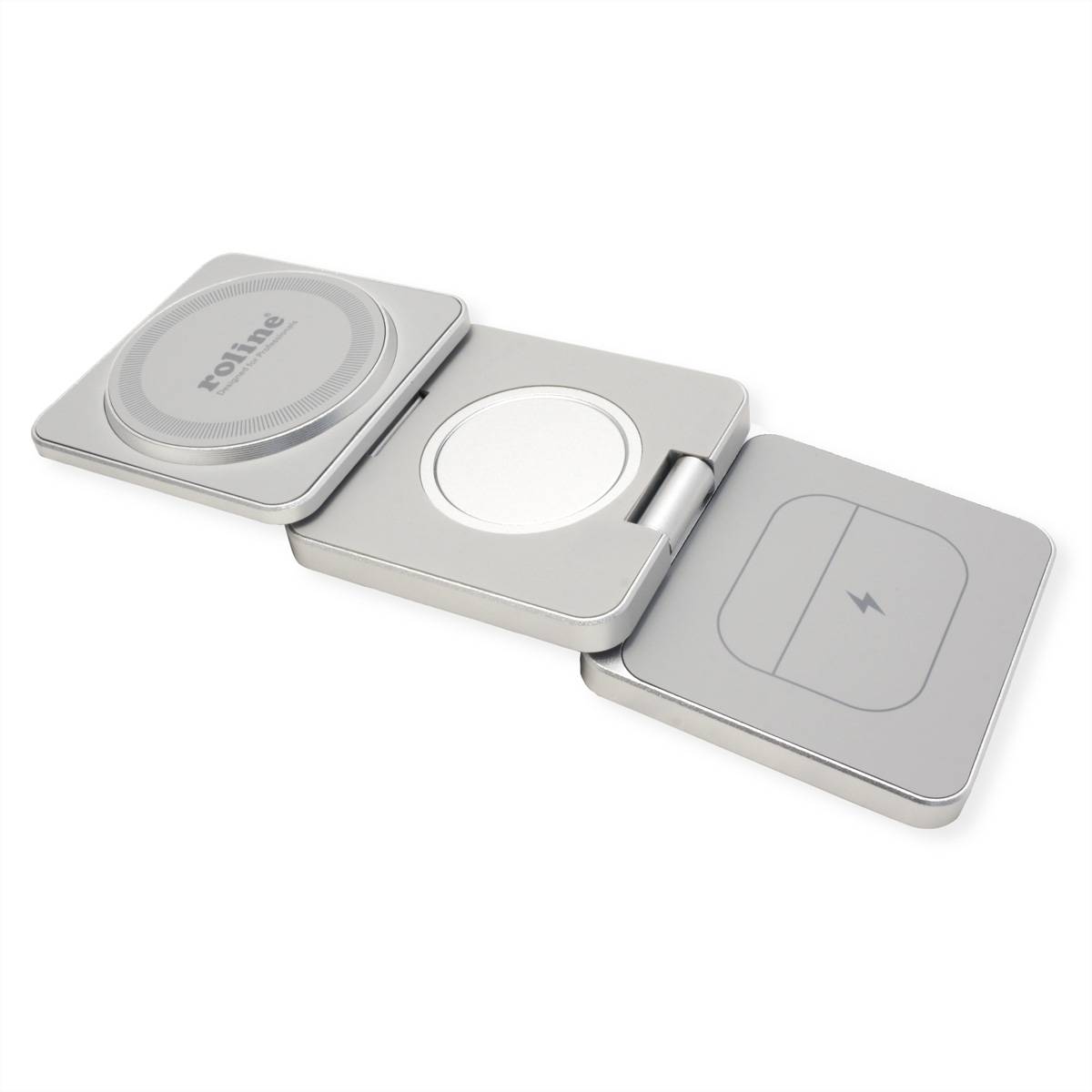 Faltbares kabelloses Ladegerät, aufgeklappt mit drei Ladesektionen, einschließlich einer mit Blitzsymbol.