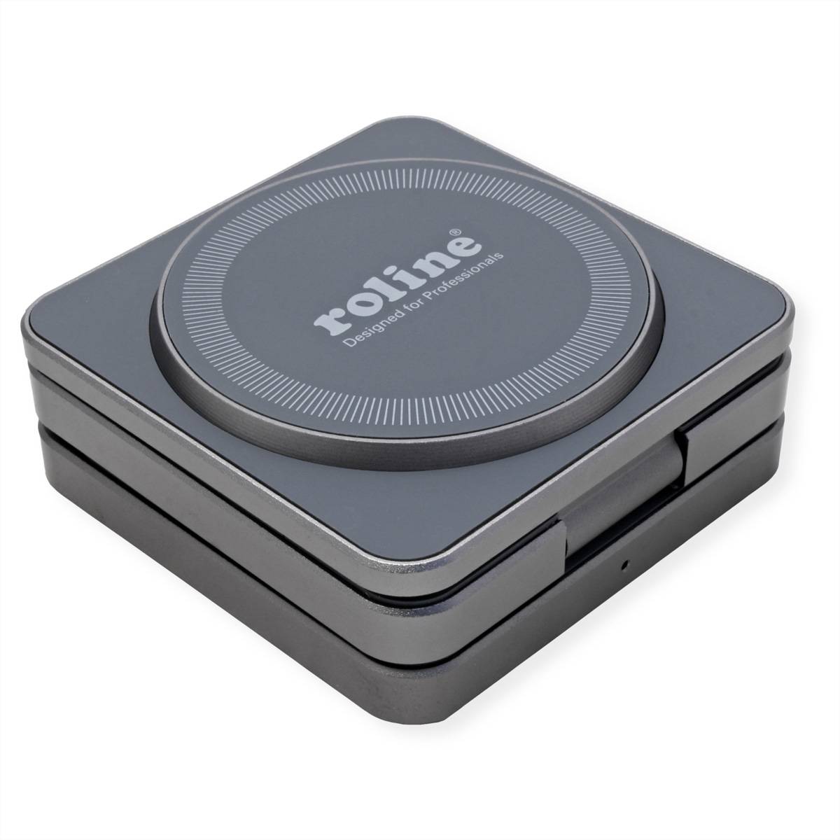 Ein quadratisches, schwarzes kabelloses Telefonladegerät mit einer kreisförmigen Ladefläche auf der Oberseite. Die Marke 'roline' ist auf der Oberfläche aufgedruckt.