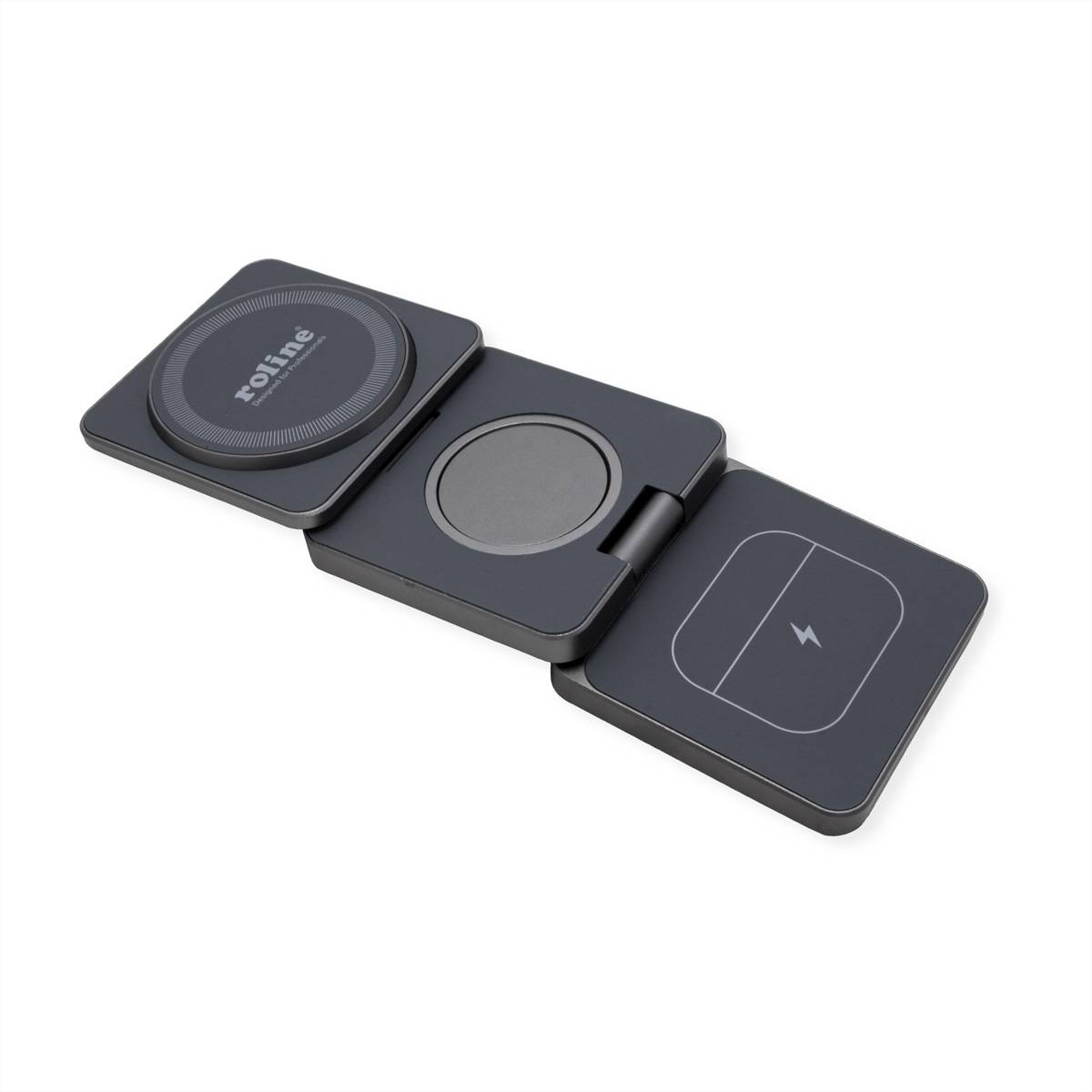 Ein tragbares, faltbares kabelloses Ladegerät mit drei Segmenten, das zum gleichzeitigen Laden mehrerer Geräte ausgelegt ist.