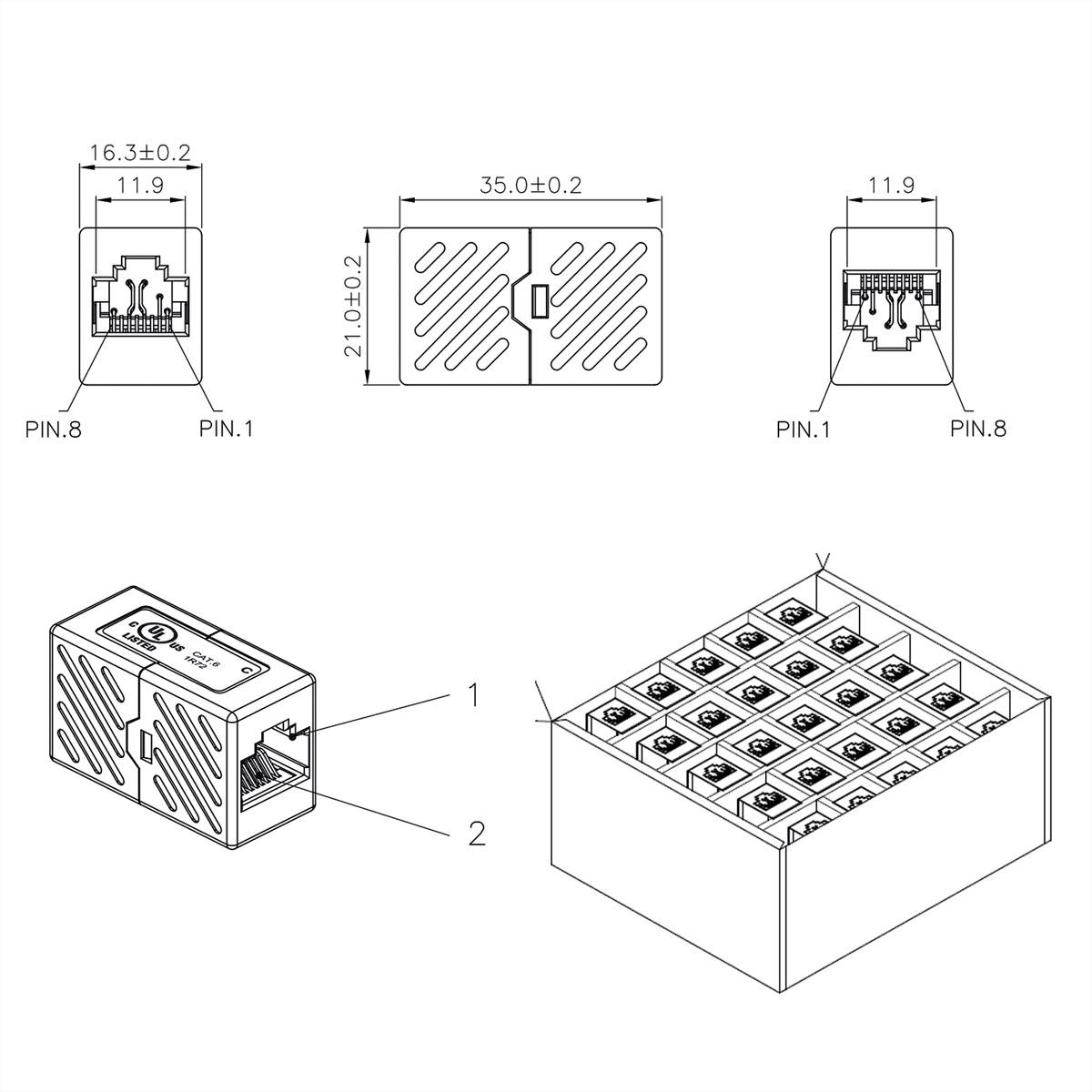 Technische Zeichnung einer elektronischen Komponente mit Vorder-, Seiten- und Draufsicht, mit Abmessungen und PIN-Beschriftungen.