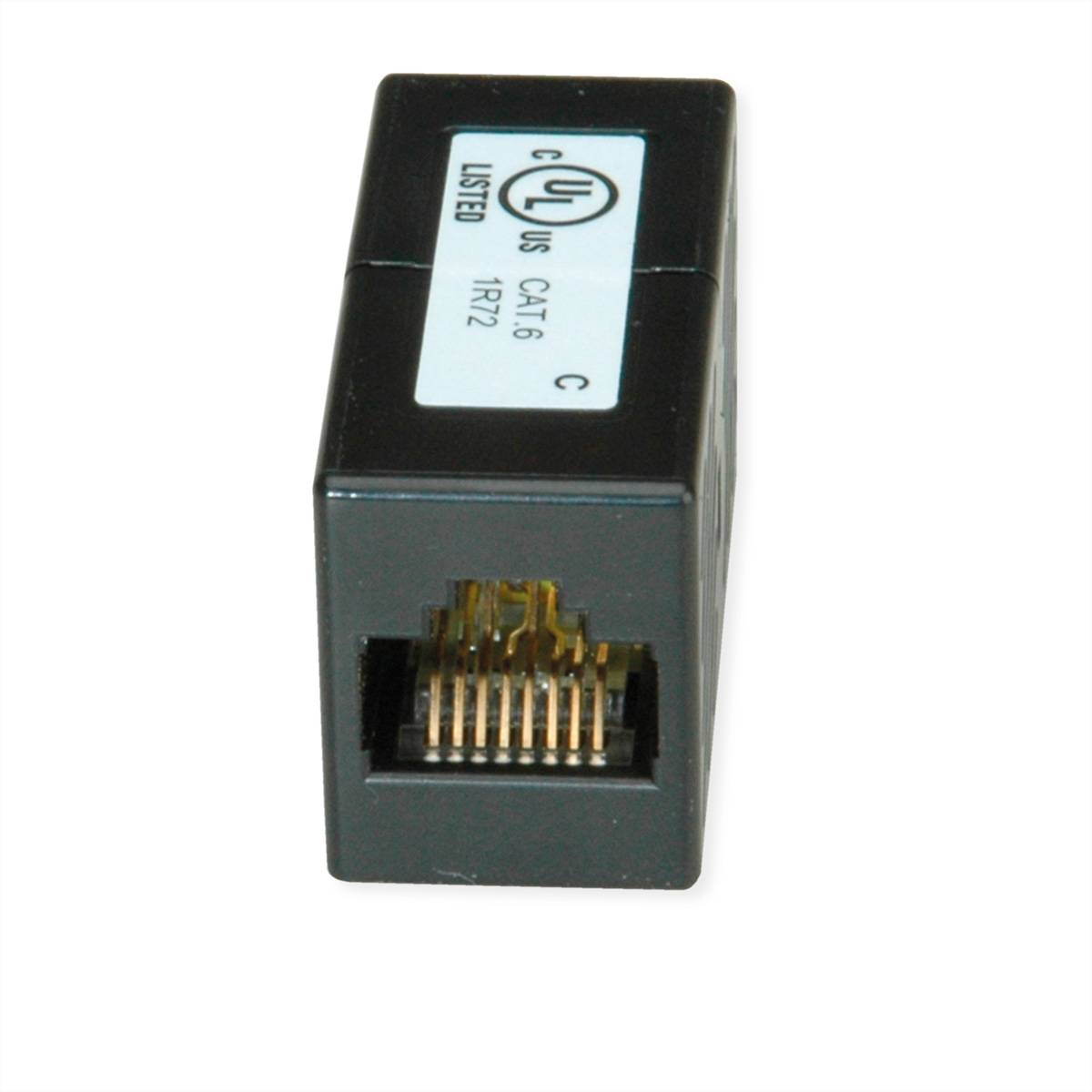 Ein schwarzer Cat 6 Ethernet-Verbinder mit UL-Zertifizierungsetikett, ausgestattet mit einer weiblichen RJ45-Buchse, zur Verlängerung von Netzwerkkabeln.