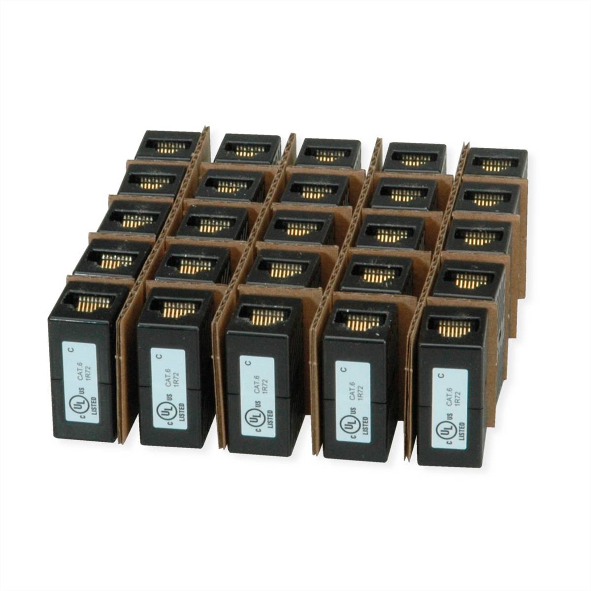 Ein Satz von 24 schwarzen elektronischen Komponenten, die in einem Raster angeordnet sind, jede mit Metallsteckern oben und einer Beschriftung an der Seite.