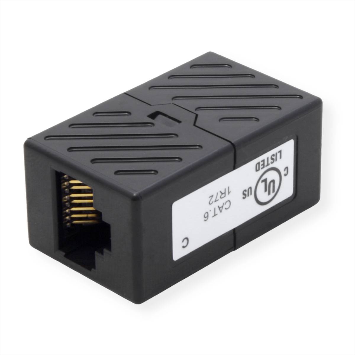 Ein schwarzer rechteckiger RJ45-Koppler mit einem Netzwerkanschluss, gekennzeichnet mit UL-Zertifizierung, wird verwendet, um Ethernet-Kabel zu verbinden.