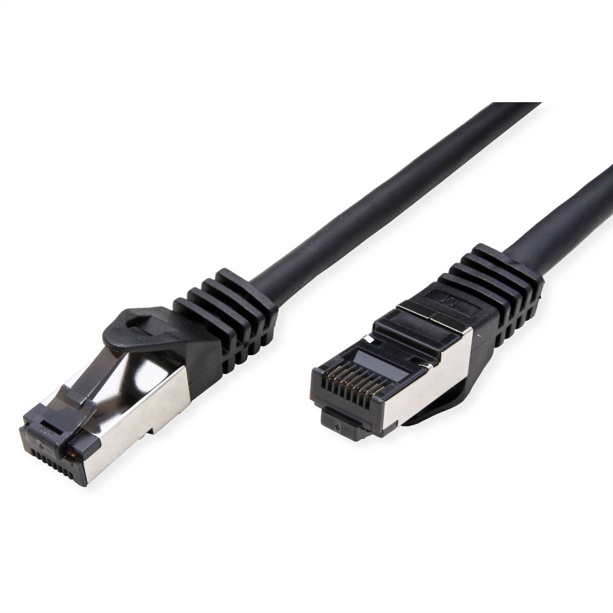 Zwei Netzwerkkabel mit schwarzen Steckern und Metallanschlüssen, nebeneinander vor weißem Hintergrund positioniert.